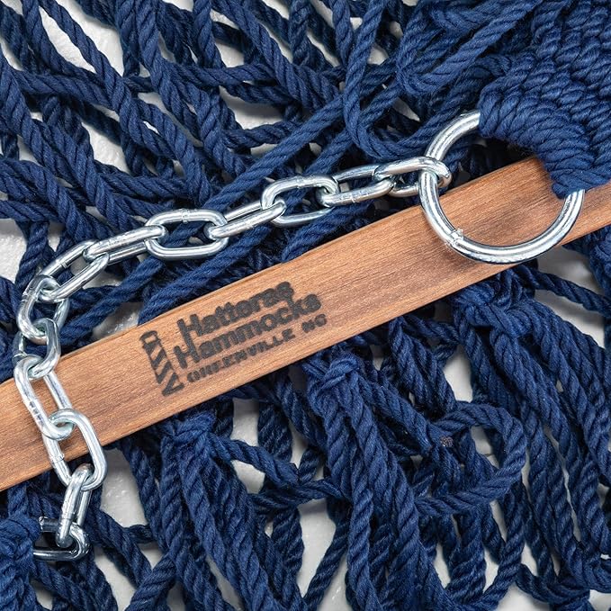 Hatteras Hammocks Small Navy DuraCord Rope Hammock – 11 ft. x 45 in. 450 lb Capacity Cumaru Spreader Bar Zinc-Plated Hardware Handcrafted in The USA