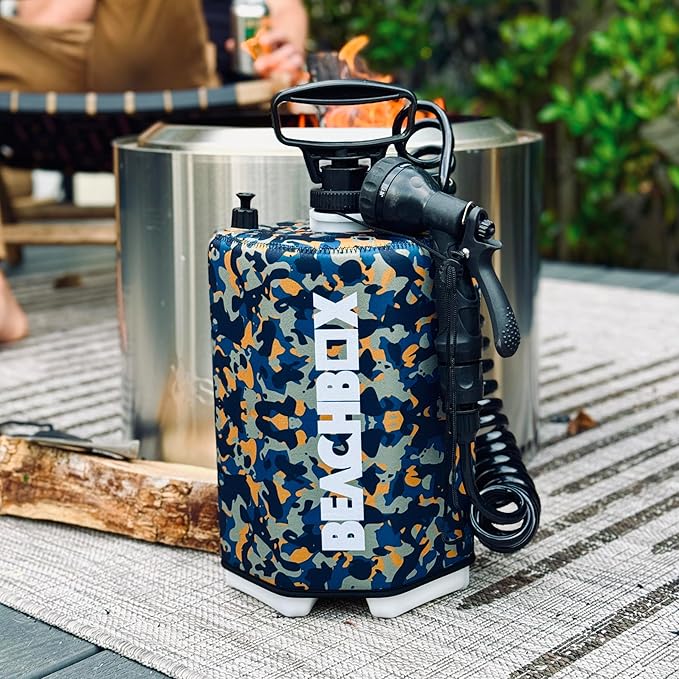 BeachBox Portable Shower Tank – Insulated Hot &amp Cold Water Tank for Camping Beach &amp Outdoor Adventures – 1.3 Gal Capacity – Multi-Spray Shower Gun – Easy Fill &amp Carry