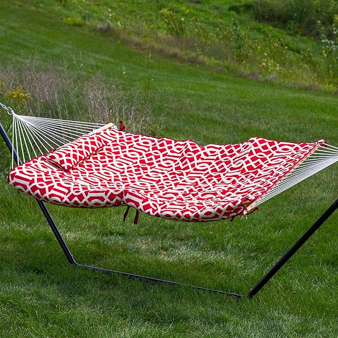 Sunnydaze Rope Hammock with Stand for Outside- 275-Pound Capacity - Includes 12-Foot Hammock Stand Spreader Bar Pad and Pillow - Royal Red