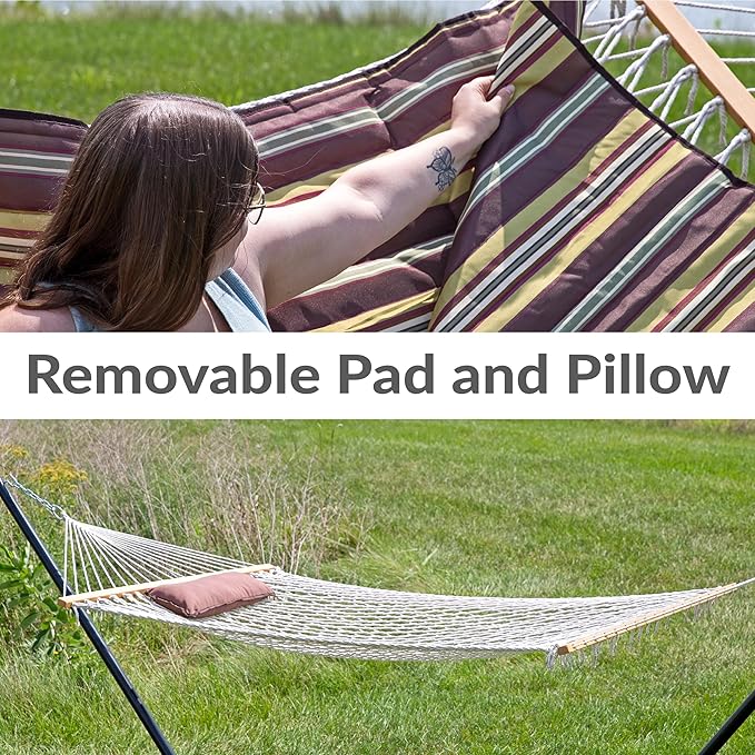 Sunnydaze Rope Hammock with Stand for Outside- 275-Pound Capacity - Includes 12-Foot Hammock Stand Spreader Bar Pad and Pillow - Desert Stripe