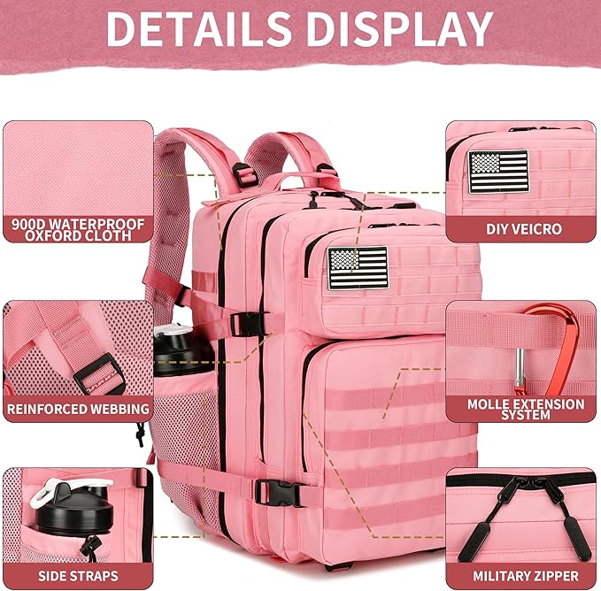 45L Military Tactical Backpacks 3 Days Assault Pack Bag Fitness Rucksack 3 Day Bug Out Bag Hiking Treeking Molle Daypack (Pink2)