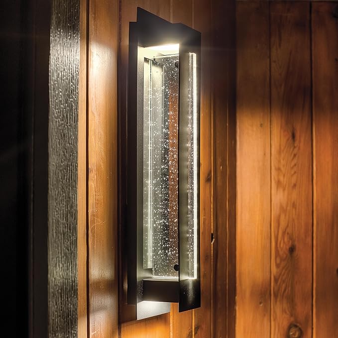 Kichler River Path 23 LED Outdoor Wall Light in Textured Black 1-Light Contemporary Exterior Wall Sconce with Clear Seeded Glass 3000K (23 H x 5.5 W) 49946BKTLED