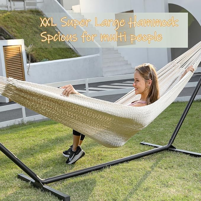 ZEAN Handwoven Hammock by Thick Cotton Rope XL Two Person Hammock for Outside Patio Backyard Garden 550LB Capacity