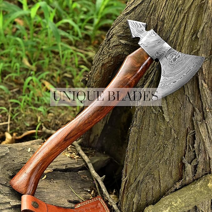 Viking Battle Axe Camping Axe 18-IN Wood Handle Damascus Steel Dual Sided Leather Sheath