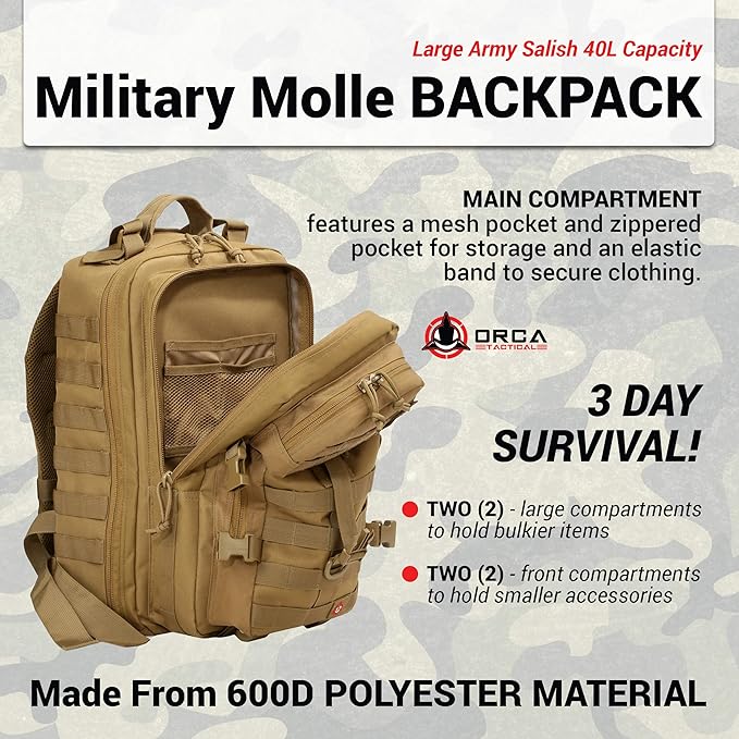 Orca Tactical Backpack 40L Large Military 1 to 3 Day Molle Assault Pack Rucksack Army Bag