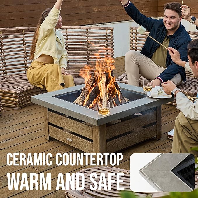 WILDMOS Firepits for OutsideWood Burning Fire Pit with Wood-Grain Side PanelsFirepit for Outside with Mesh Cover &amp Fire PokerSquare Modern Outdoor Fireplace Fire Table. (Countryside)