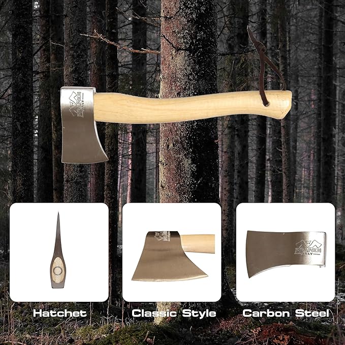Prandi Yankee Hatchet 1.32lb Head - Hickory Handle 14.97in with Leather String - Ideal for Camping Travel and Bushcraft - Made in Italy