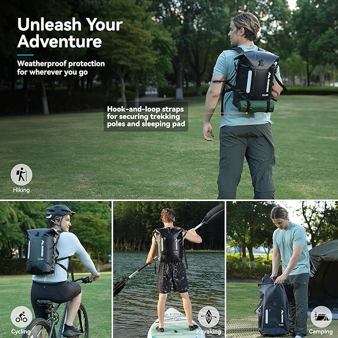 MARCHWAY Roll Top Waterproof Backpack Floating Dry Bag 20L/30L/45L with Ergonomic Rectangular Base Cushioned Back Hip Strap for Hiking Camping Kayaking Travel (Black 20L)