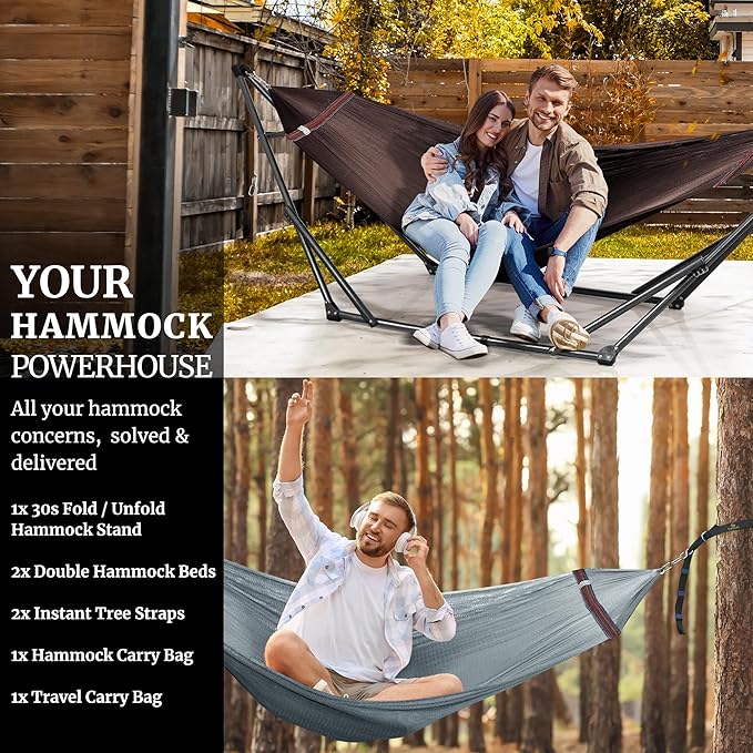 Tranquillo Combo x2 Hammocks with Stand for Outside &amp Tree Straps Heavy Duty Hammock with Stand 600lbs for Indoor Outdoor Patio Backyard x2 Hammocks for 2 Person (Combo - Brown Medium)