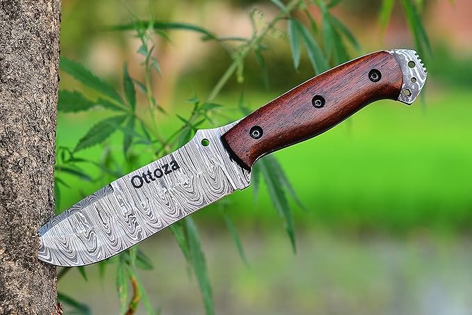 Ottoza Fixed Blade Hunting Knife with Leather Sheath and Horizontal Carry - Wood Handle - Full Tang Outdoor Survival and Camping Knife for Men 433