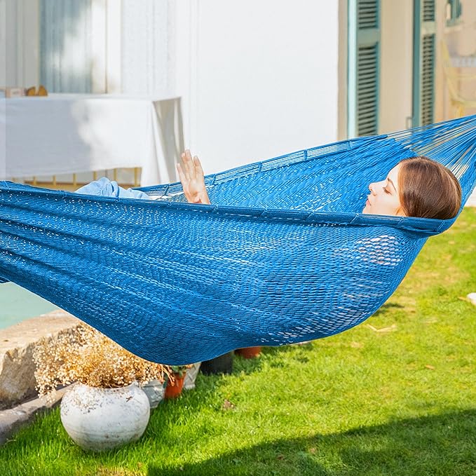 PNAEUT Handwoven Mayan Hammock Thick Soft Rope Double Hammock for Outdoor Outside &amp Indoor 600 lbs Capacity Heavy-Duty Includes Tree Straps Carabiners &amp Carrying Bag (Glacial Lake Blue X-