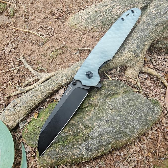 D2 Steel Folding Pocket Knife with Reversible Clip: 3.14 Black Sheepsfoot Blade Liner Lock G10 Handle Small EDC Flipper Knives Camping Tool for Man &amp Women Transparent Green