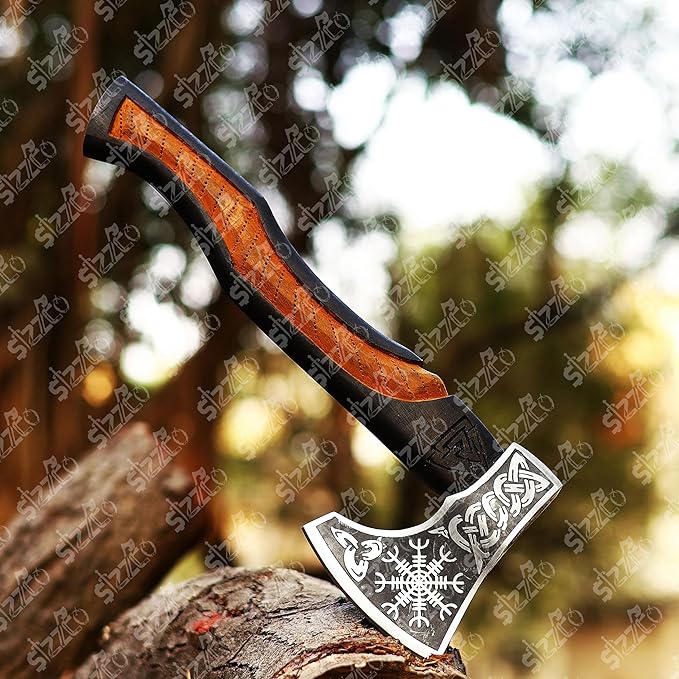 Custom Gift Forged Carbon Steel Viking Style Axe Bearded Axe with Rose Wood Shaft Tomahawk - Real Hatchet Best Gift for Anniversary Valentine's Day Birthday Premium Leather Sheath
