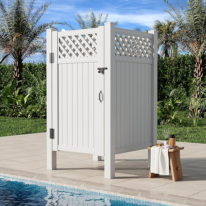 EROMMY 80.75H x 45.75W x 45.75L White PVC Outdoor Shower Enclosure with Door Weatherproof Privacy Stall for Pool &amp Beach Durable Vinyl Construction(Grid-panel)