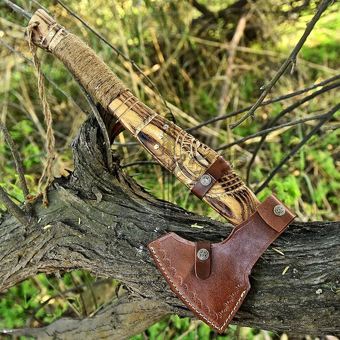 Hand-Forged Viking Axe – Authentic Norse Battle Axe with Custom Engraved Carbon Steel Blade &amp Carved Wooden Handle – Perfect for Throwing Camping Hunting &amp Gifts AH-001-AX