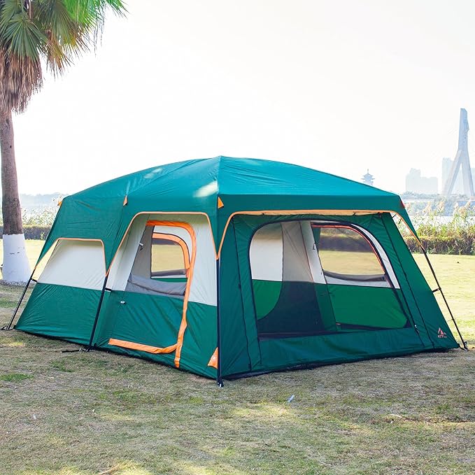 KTT Extra Large Tent 10-12-14 Person(B)Family Cabin Tents2 Rooms3 Doors and 3 Windows with MeshStraight WallWaterproofDouble LayerBig Tent for OutdoorPicnicCampingFamily Gathering