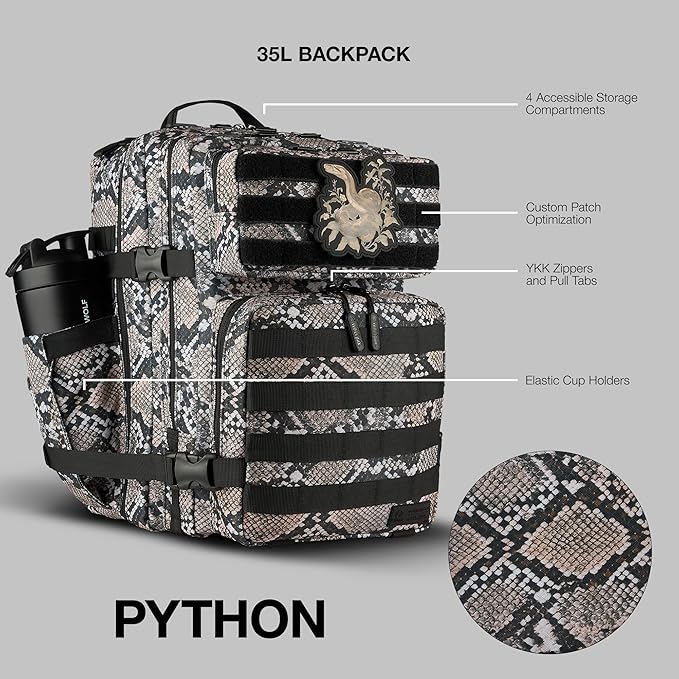 WOLFpak 35L Athletic Gym Backpack (Python) - Durable 1000D Waterproof Oxford Material with MOLLE Webbing Laptop Pocket &amp Dual Cup Holders Durable Fitness/Travel/Military Daypack