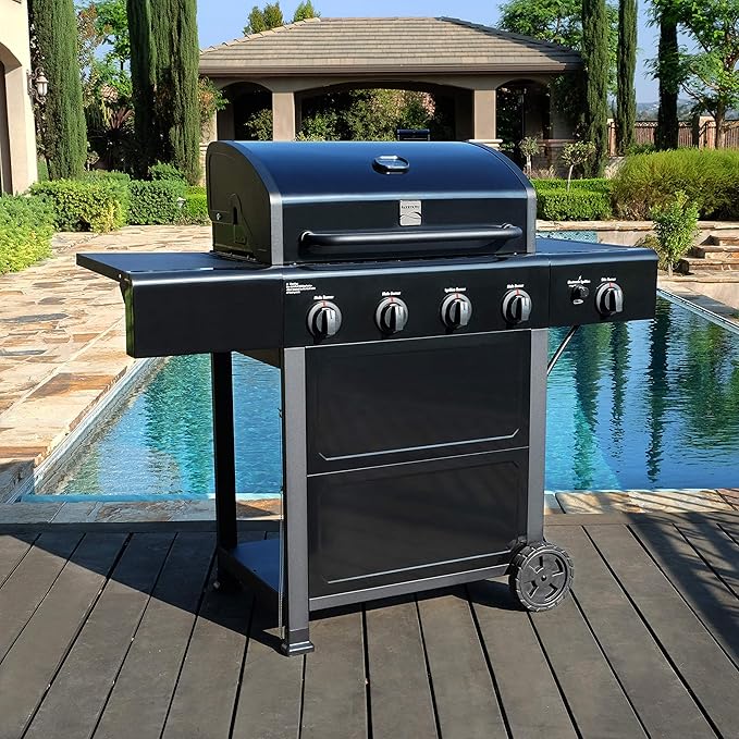 Kenmore 4-Burner Gas Grill with Side Burner Outdoor BBQ Grill Propane Gas Grill Cast Iron Cooking Grates Electronic Ignition Warming Rack Open Cart Design 53000 BTUs Black
