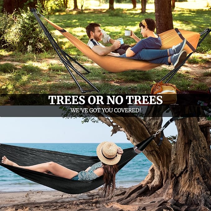 Tranquillo Combo x2 Hammocks with Stand for Outside &amp Tree Straps Heavy Duty Hammock with Stand 600lbs for Indoor Outdoor Patio Backyard x2 Hammocks for 2 Person (Combo - Yellow Medium)