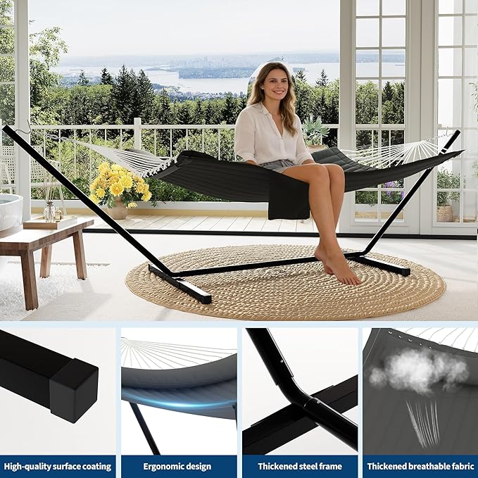 2 Person Double Hammock with Stand &amp Pillow 450 LBS Heavy Duty Outdoor Hammock with Balance Rope for Patio Backyard Poolside