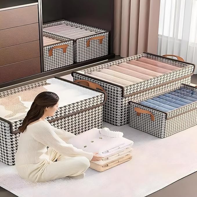 4PCS Foldable Storage Box with Lid - Extra Large Fabric Closet Organizer for Clothes 18.5x11x7.9 Inch Canvas Bin Collapsible Design for Bedroom Shelf Closet Underbed (Black &amp White)