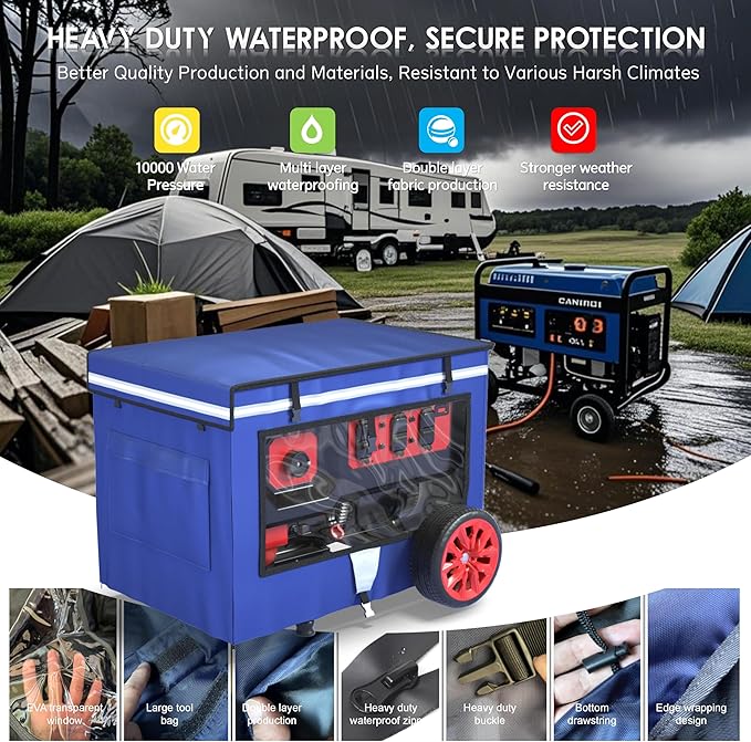 Generator Covers While Running 32x24x24 Inches Generator Running Covers1680+400D Double Layer Portable Heavy Duty Dustproof/Waterproof Generator Covers for 5000W-10000W Frame Generators Blue