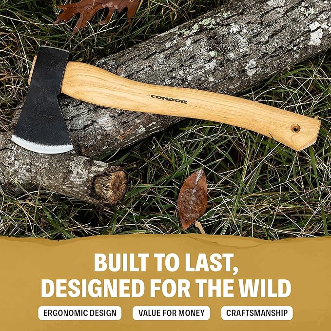 Condor Tool &amp Knife Greenland Hatchet | Solid Hatchet Axe with Handcrafted Welted Leather Sheath | 1060 High Carbon Steel Throwing Axe with a Burnt American Hickory Handle | 5.9in Blade | 32.1oz