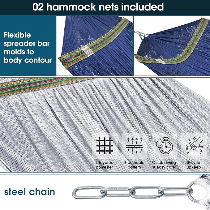 Tranquillo Combo x2 Hammocks with Stand for Outside &amp Tree Straps Heavy Duty Hammock with Stand 600lbs for Indoor Outdoor Patio Backyard x2 Hammocks for 2 Person Portable Carrying Bags Aegean