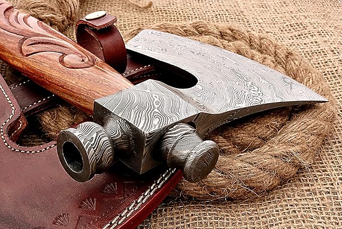 HUNTEX Unique Custom Hand-Forged Twist Pattern Damascus Steel 21 Inch Long Walnut Wood Handle Full Tang Razor Sharp Hunting Camping Outdoor Smoke Pipe Viking Axe with Genuine Leather Sheath