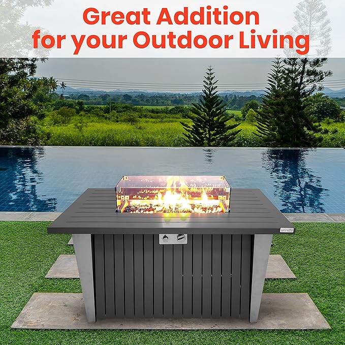 SereneLife 52 Inch Gas Fire Pit Table 50000 BTU Propane Pits for Outside with Steel Lid and Lava Rock 2 in 1 Firepit Table Gatherings Parties on Patio Deck Garden Backyard