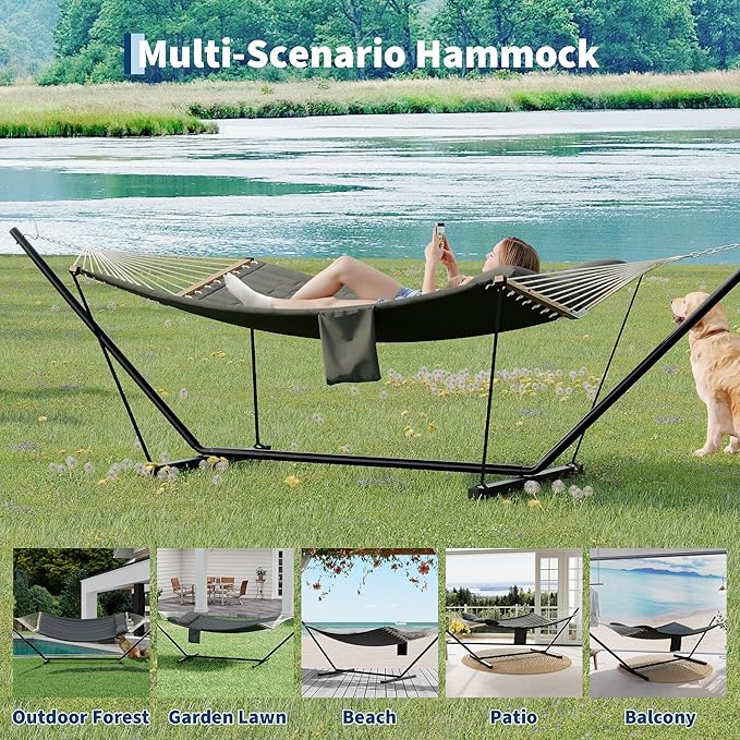 2 Person Outdoor Hammock with Stand 450LBS Capacity Heavy Duty Hammock with Carrying Bag &amp Soft Pillow Portable Indoor Outdoor Hammock Perfect for Backyard Patio Beach