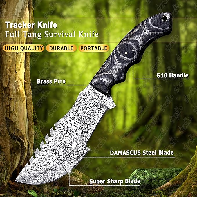 Handmade 10 Damascus Steel Tracker Knife with G10 Handle - Fixed Blade Hunting &amp Survival Knife - Horizontal Scout Carry Sheath - Bushcraft EDC for Camping &amp Outdoors