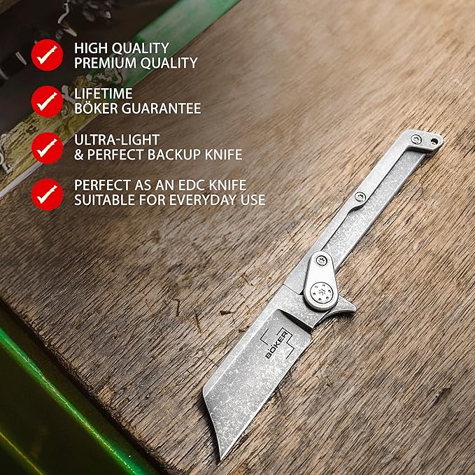 BÖKER PLUS Fragment Minimalist EDC Pocket Knife Lanyard Hole Finger Guard Deep Carry Clip 9Cr13CoMoV Sheepfoot Blade (Stonewashed)
