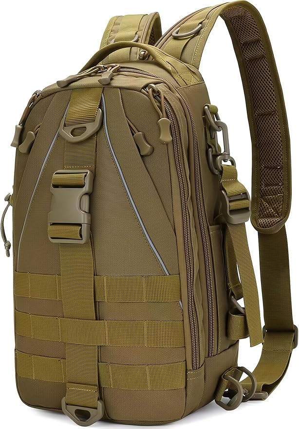 Mint &amp Moss Tactical Backpack for Men Water Resistant Tackle Backpack with Rod Holder &amp Tackle Box Kit Lightweight Sling Fishing Bag for Trekking Survival Camping Fitness Travel (Brown)