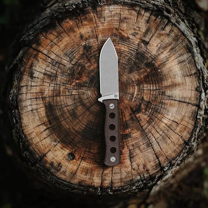 QSP Canary Fixed Blade Knife 4.25 DC53 Stonewash Blade Hunting Knives with Kydex Sheath Dark Brown Rough Micarta Handle EDC Knife for Camping Outdoor Hiking Survival