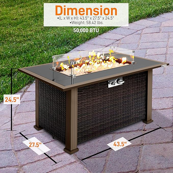 SereneLife Outdoor Propane Fire Pit Table - Approved Safe 50000BTU Auto-Ignition Propane Gas Fire Table - Rattan Panel Glass Wind Guard Black Tempered Glass Tabletop Clear Glass Rock - SLFPTL