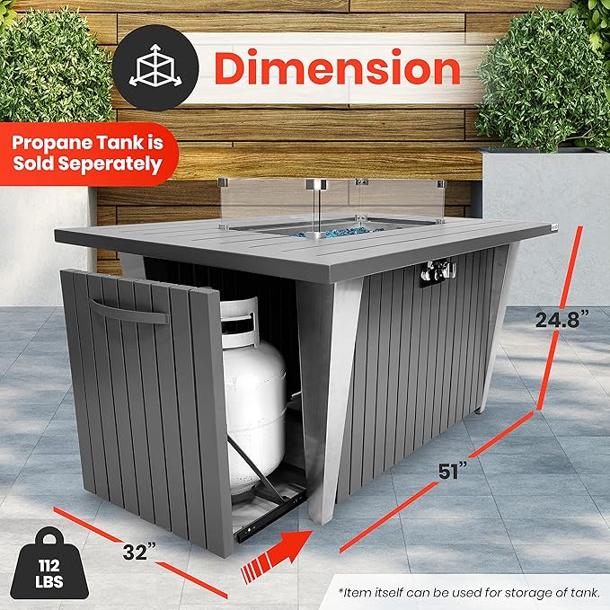 SereneLife 52 Inch Gas Fire Pit Table 50000 BTU Propane Pits for Outside with Steel Lid and Lava Rock 2 in 1 Firepit Table Gatherings Parties on Patio Deck Garden Backyard