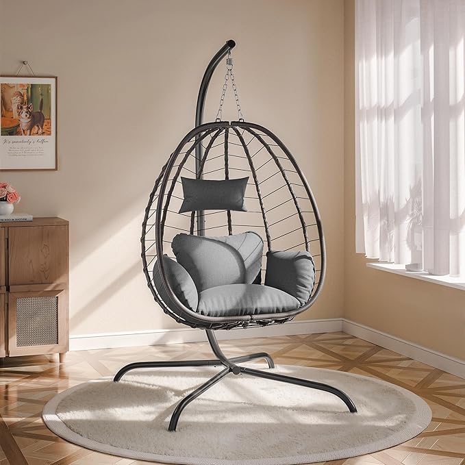ALAULM Foldable Egg Chair with Stand 485LBS Capacity Wicker Rattan Hammock Swing Chair for Outdoor &amp Indoor Hanging Chair with Strong Frame &amp UV Resistant Cushion for Balcony Bedroom Light
