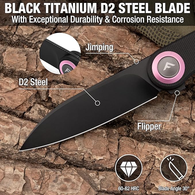 FLISSA Button Lock Folding Knife 3.1 D2 Steel Blade EDC Pocket Knife with G10 Handle Flipper Belt Clip Bearings for Outdoor Camping Hiking Fishing Hunting Gift for Men &amp Women (Purple)