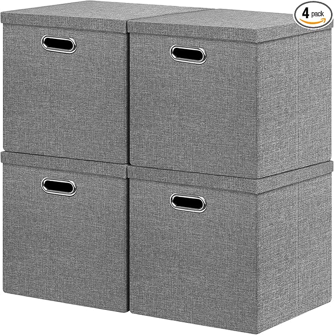 Linen Storage Bins with Lids13 x 13 Inch Foldable Fabric Cube Baskets Boxes Organizer for Closet Shelves and Home. (Gray (13x13) 4 pack)