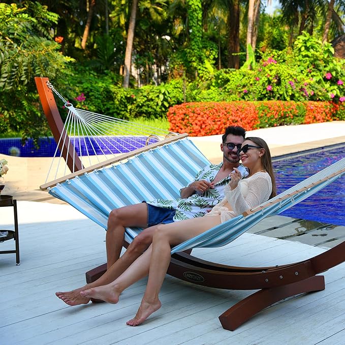 Lazy Daze Hammocks Quick Dry Hammock with Spreader Bar Textliene Fabric Double 2 Person Hammock with Chains Outdoor Patio Poolside Backyard Beach 450 lbs Capacity Blue White Stripes