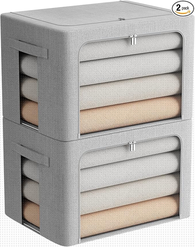 FHSQX 2 Pack Clothes Storage Bins Stackable Metal Frame Storage Box Large Capacity Foldable Linen Fabric Box Organizer with Carrying Handles and Clear Window (Light Gray 19.7x 15.7x 12.6 Inch)