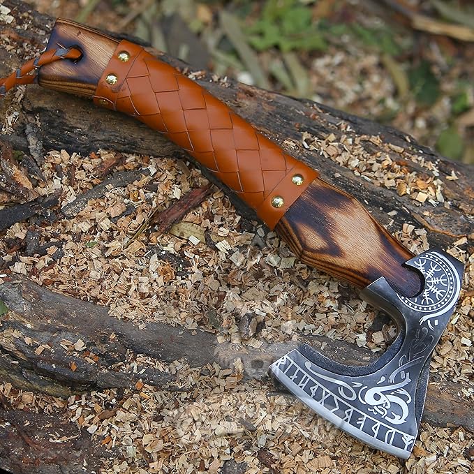 Custom Handmade Carbon Steel Real Viking Axe HatchetCamping Axe Birthday Gift for him Leather Wrapped Handle and Leather Sheath ((FM 20))