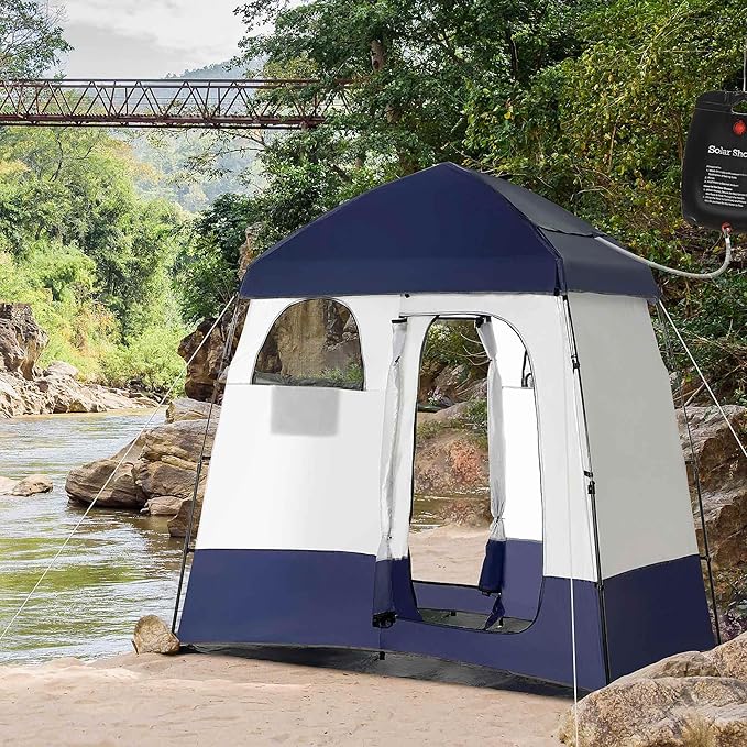 Camping Shower Tent - Instant Setup 2 Room Privacy Shelter w/20L Shower Bag 2000mm Waterproof Enclosure &amp Detachable Floor Portable Bathroom Tent for Beach/Camping/RV