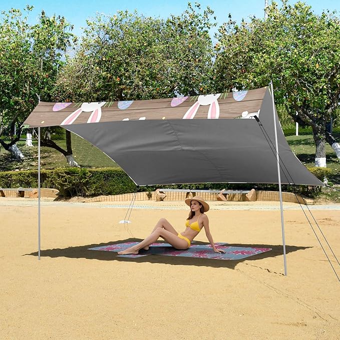 Easter Bunny Beach Canopy Sun Shelter with Sandbags &amp Sand Shovel &amp Windproof Ropes - Portable 110x126 Beach Shade Beach Tent for Camping Picnics