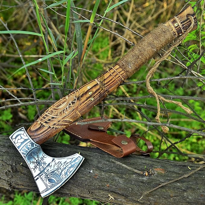 Hand-Forged Viking Axe – Authentic Norse Battle Axe with Custom Engraved Carbon Steel Blade &amp Carved Wooden Handle – Perfect for Throwing Camping Hunting &amp Gifts AH-001-AX