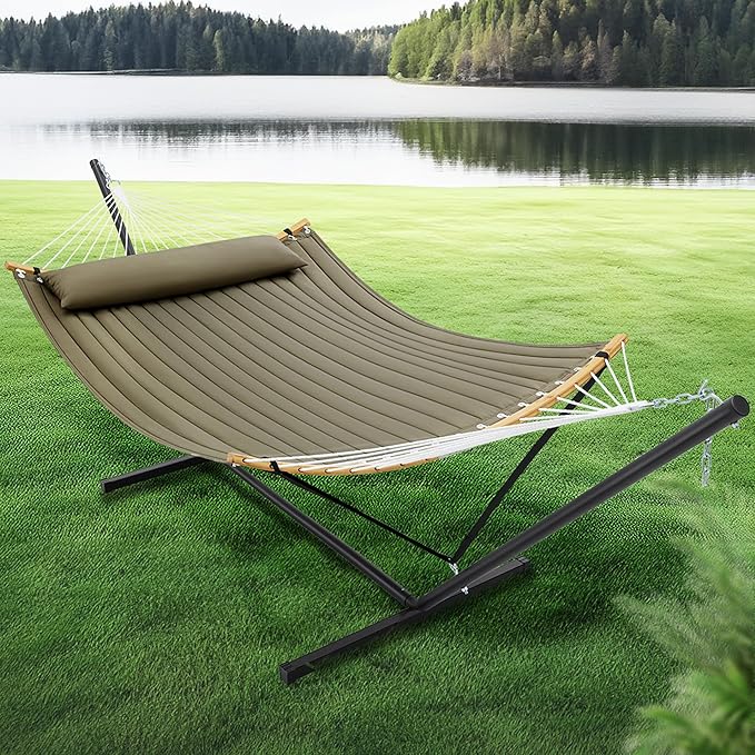 SUPERJARE Curved-Bar Hammock with Stand 2 Person Heavy Duty Hammock Frame Detachable Pillow &amp Portable Carrying Bag Perfect for Outdoor &amp Indoor Olive Gray