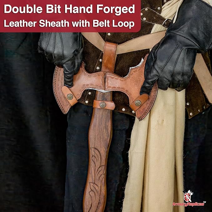 Armory Replicas™ Nightmare Blade of Ragnheidr Damascus Steel Axe – Double Headed Hand Forged with Sheesham Wood Handle Floral Carving &amp Leather Sheath