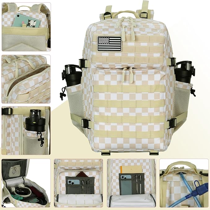 Lovelinks21 45L Tactical Assault Backpack 3 day assault pack with Molle Waterproof backpack Rucksack for Tactical Backpacks (Beige Plaid)