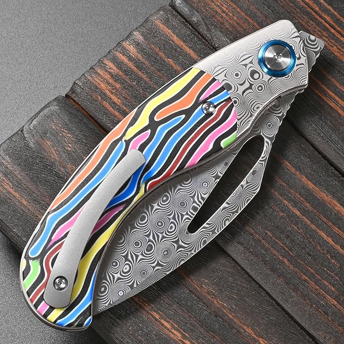 Sitivien ST270 Folding Knife Damascus Steel Blade Colorful G10 &amp Damascus Handle with Ball Bearing for Men Women Outdoor Camping Hiking Fishing(Color)